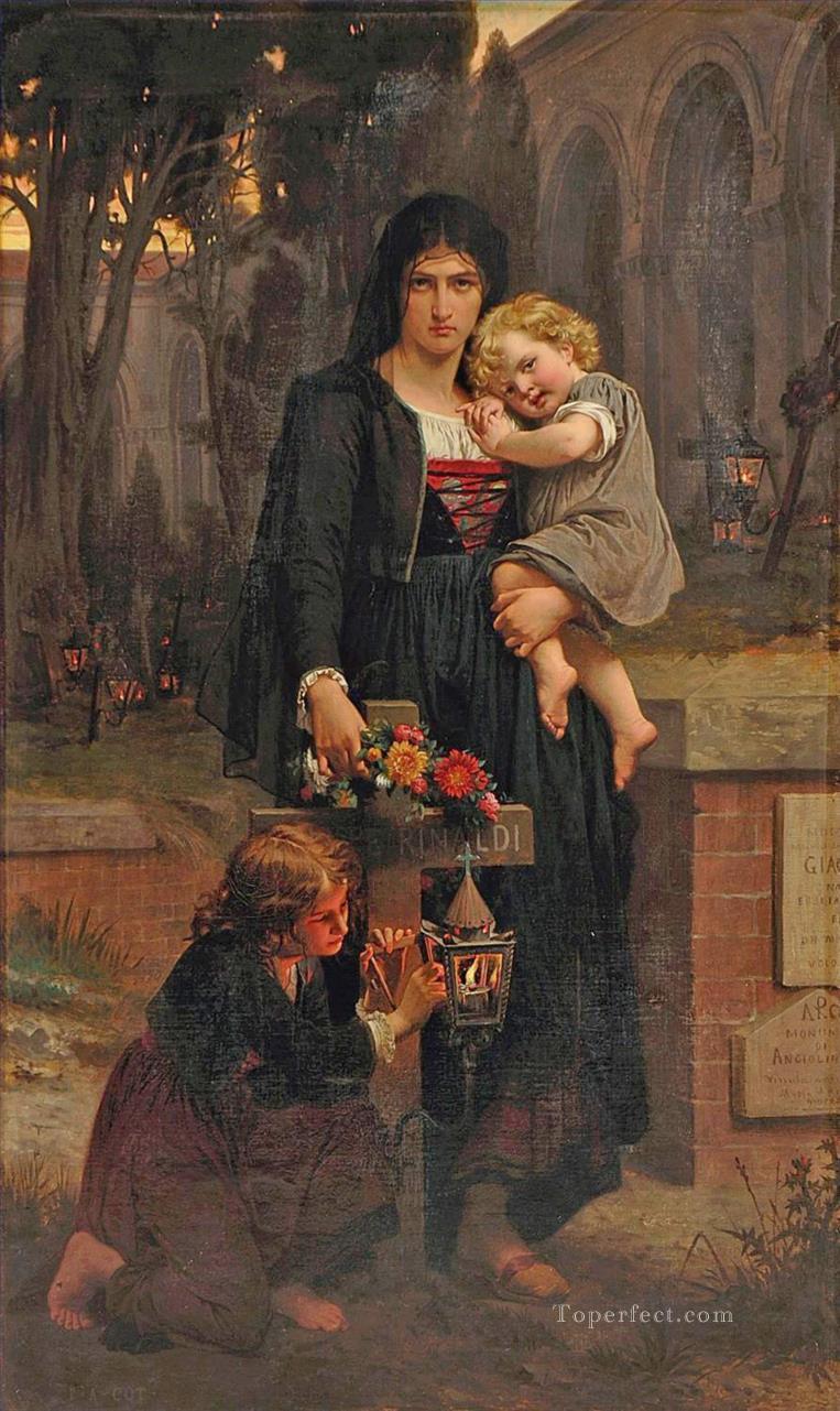 父親の墓の前にいる母親と二人の子供 アカデミック古典主義 ピエール・オーギュスト・コット油絵